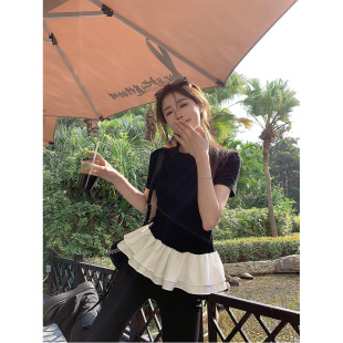 甜辣妹下摆蕾丝花边短袖t恤女2025年夏季新款纯欲正肩短款小上衣