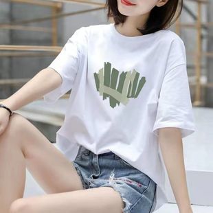 ins潮 白色短袖 t恤女2025年新款 夏季 纯棉宽松圆领上衣印花百搭大码