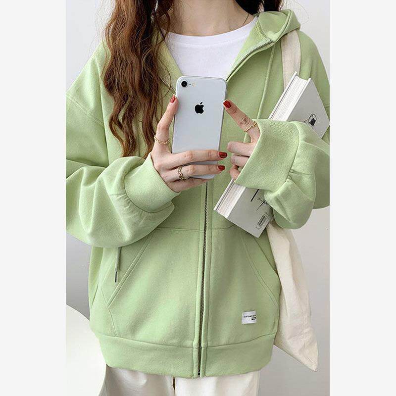 绿色卫衣女宽松慵懒风上衣2025春秋新款加绒拉链外套韩版连帽开衫