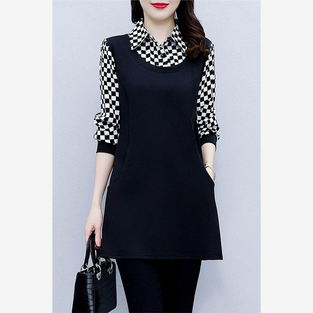 春装新款格子雪纺假两件衬衫胖MM大码女装上衣宽松遮肚中长款t恤