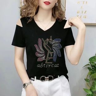 2025夏装 t恤女士时尚 新款 鸡心领露肩短袖 上衣 体恤衫 流行漂亮半袖