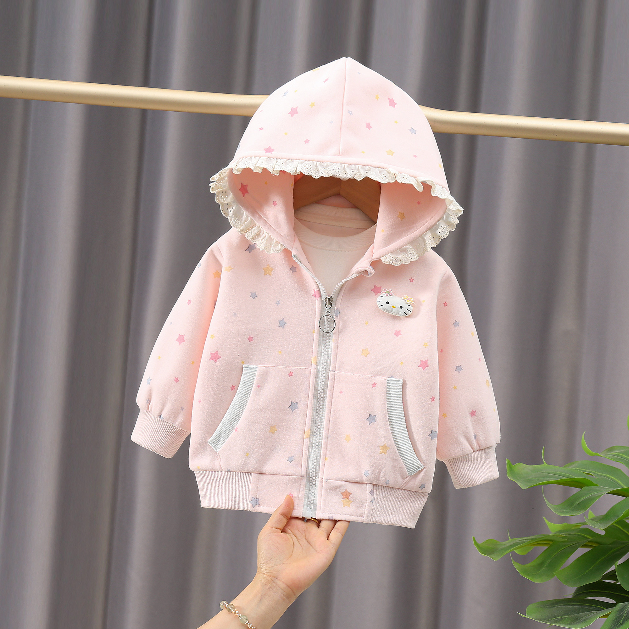 女童春秋连帽蕾丝边卫衣外套