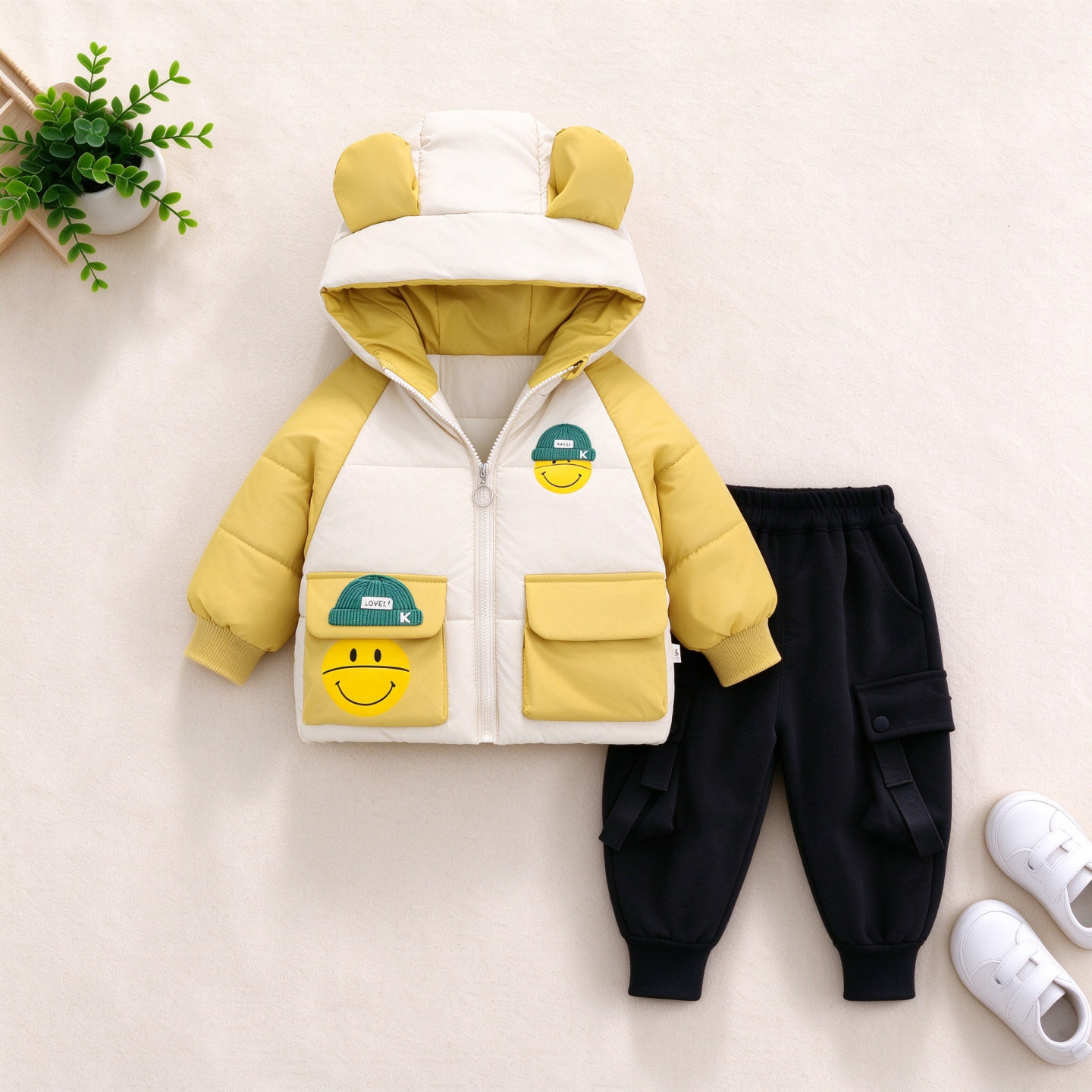 男童冬季加绒加厚连帽棉服套装