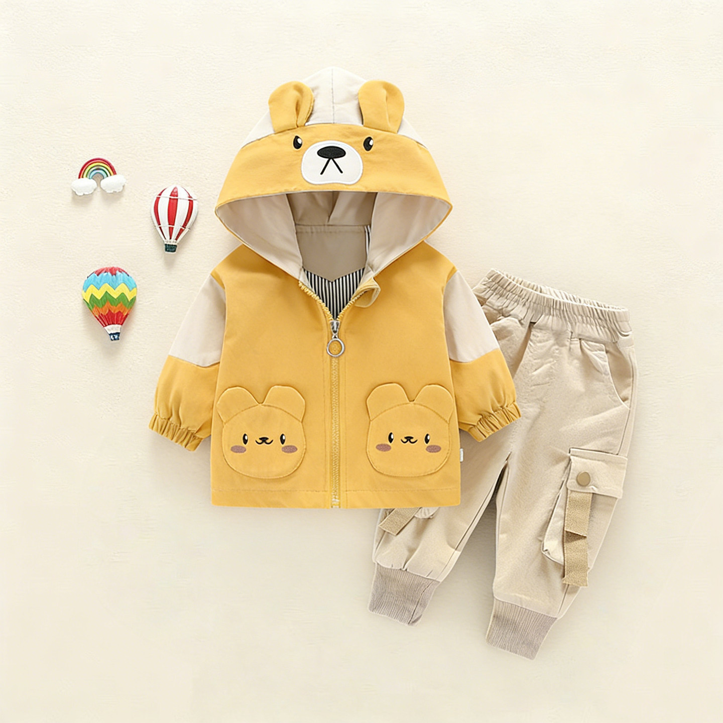 男童春装宝宝卡通连帽外套套装小童婴儿洋气可爱上衣工装裤两件套