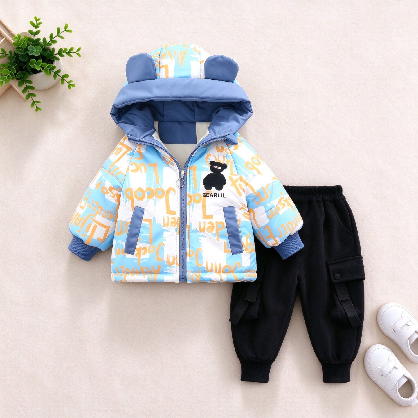 男童秋冬加绒小熊连帽棉服套装