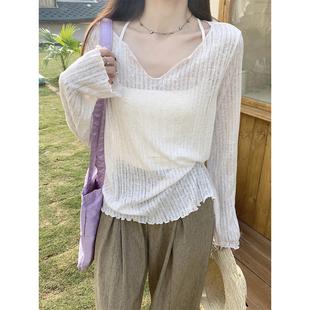 打底上衣 V领薄款 微透防晒罩衫 女木耳边雪花棉麻长袖 T恤2025春夏季