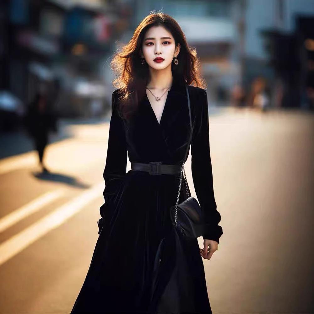 秋季法式轻奢收腰长袖黑色金丝绒连衣裙气场强大女装高端气质长裙
