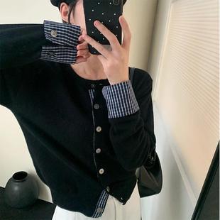 针织开衫 2025春季 女韩系减龄单排扣上衣外套撞色格纹拼接黑色毛衣