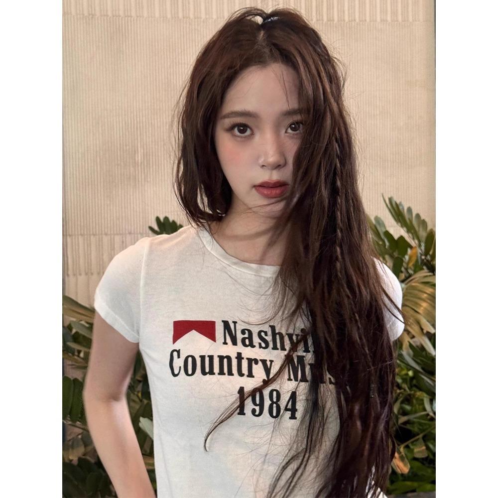 欧阳娜娜同款T恤女夏季2025美式辣妹印花上衣修身白色正肩短袖潮