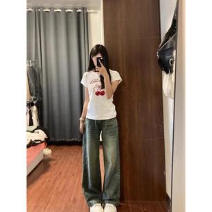 蝴蝶结印花正肩短袖 辣妹百搭T恤减龄设计感打底上衣 女夏季 小飞袖