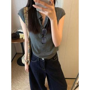 针织衫 天丝短袖 极简风polo领小飞袖 T恤女夏季 上衣 韩版 小个子短款