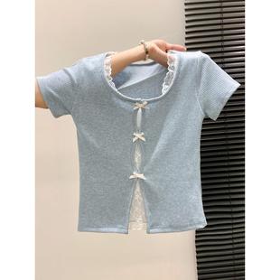 上衣 2025夏季 韩版 方领撞色蕾丝蝴蝶结设计甜美假两件短袖 T恤短款