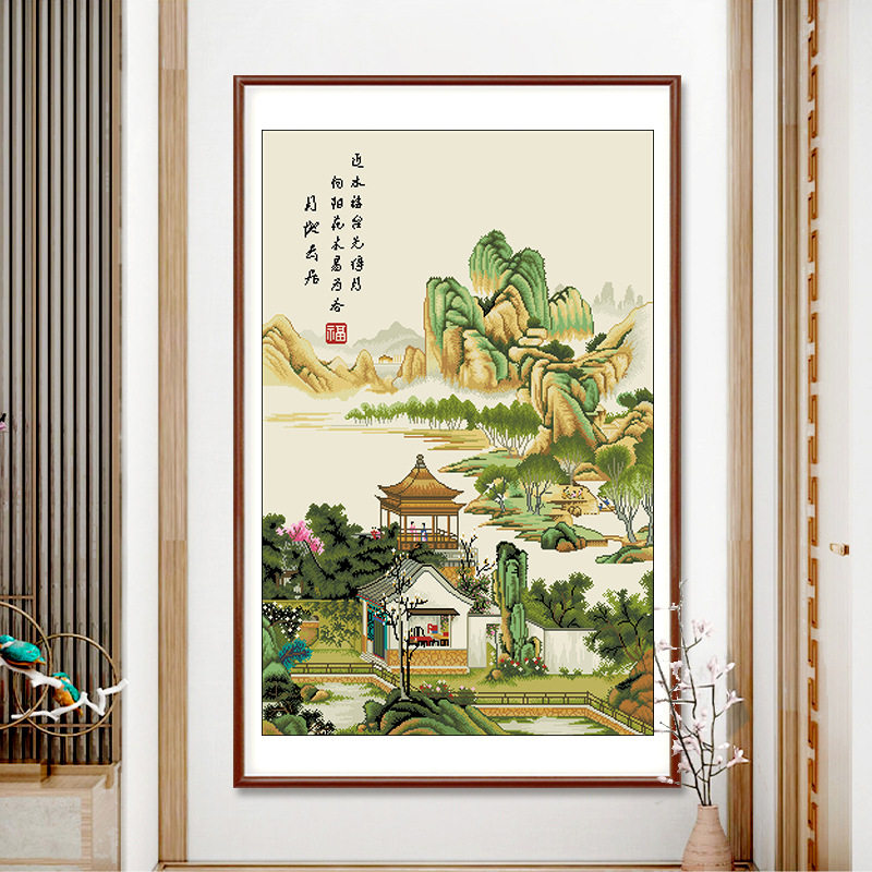 2026新款古绢布印花十字绣丝线名画陈枚山水楼阁图手工绣大格满绣