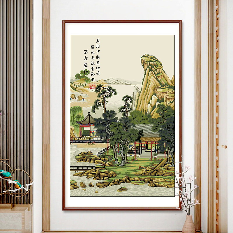 2026新款古绢布印花十字绣丝线名画陈枚山水楼阁图手工绣大格满绣