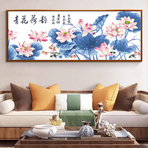 荷花鲤鱼青花荷韵大格非满绣手工