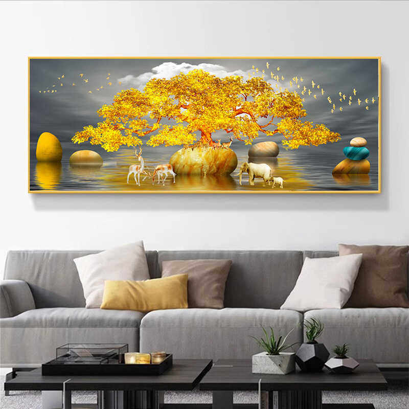 2024新款钻石画满钻点贴钻石秀现代中式风景黄金满地发财树摇钱树