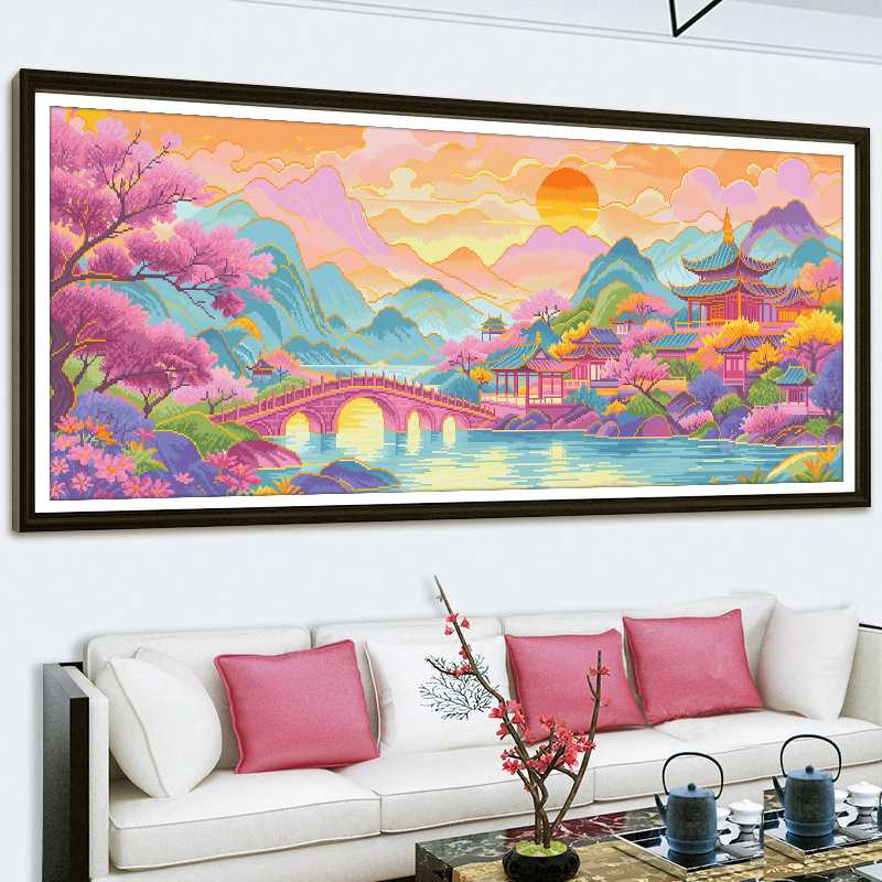 印花十字绣江南山水小桥流水自绣