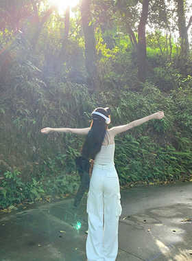 美式高街白色多口袋牛仔工装裤设计感bf风垂感高腰阔腿长裤子