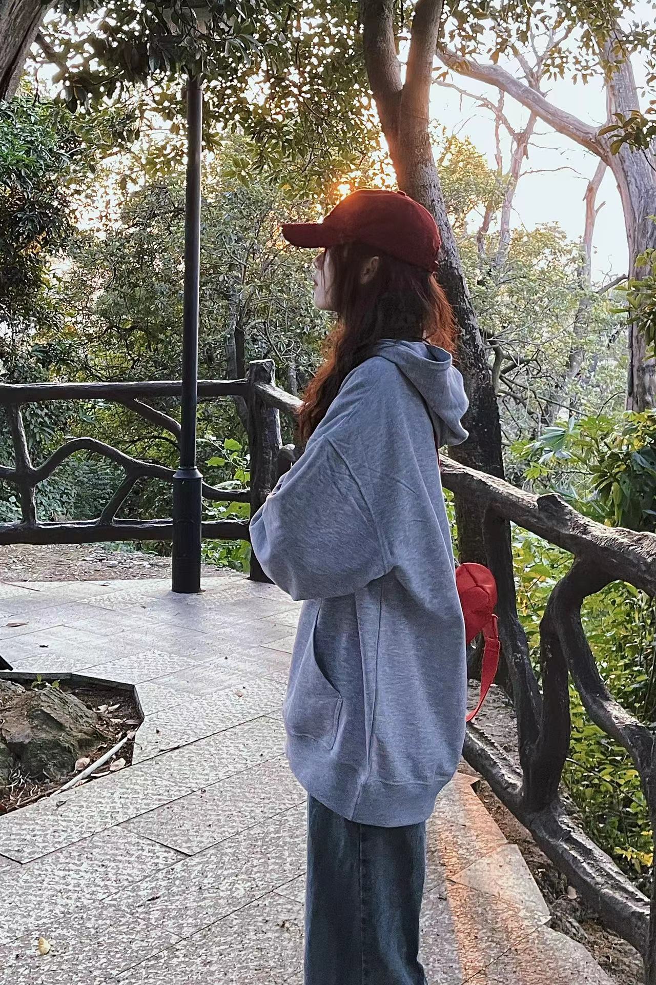 灰色纯棉重磅连帽卫衣大帽子宽松