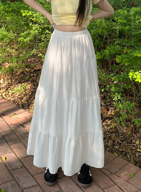 白色蛋糕裙中长款高腰韩系温柔风蓬蓬裙伞裙垂感a字半身长裙子