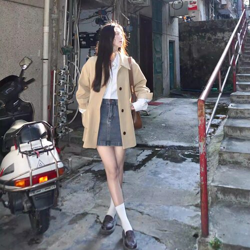 小个子风衣外套内里条纹文艺风