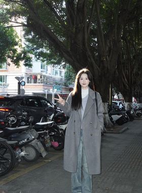 港风复古灰色双面羊毛大衣高级感气质休闲风过膝中长款毛呢外套