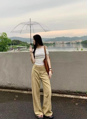 卡其色阔腿牛仔裤女夏季高腰拼接设计感宽松垂感显瘦直筒休闲裤子