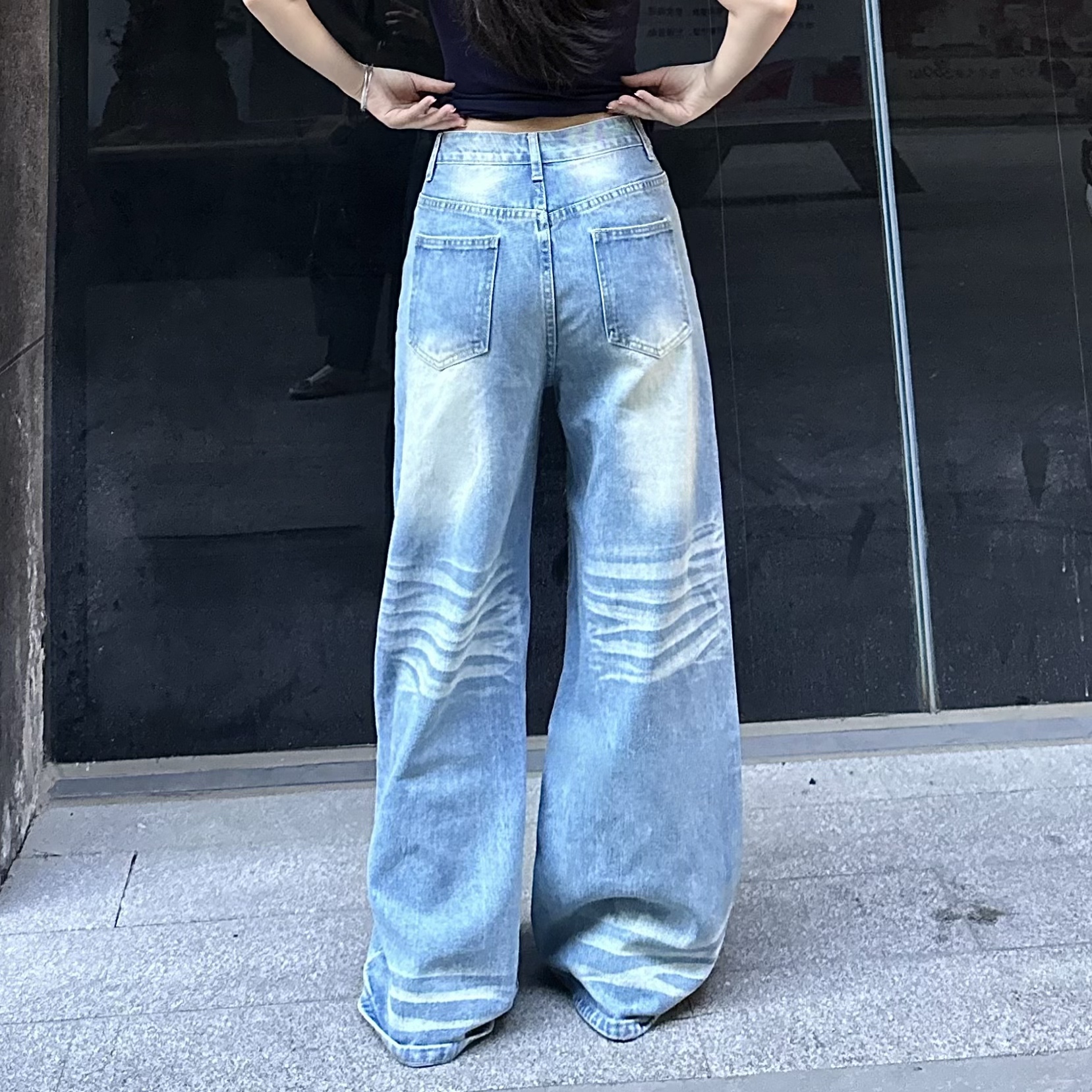 美式高街阔腿牛仔裤女水洗折痕