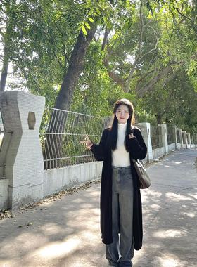 通勤慵懒风黑色针织开衫高级感气质纯色宽松中长款过膝毛衣外套