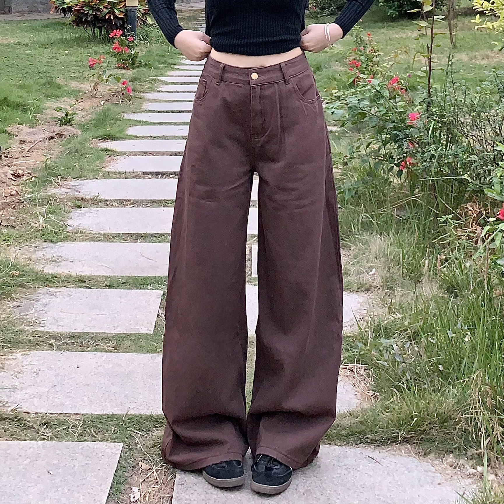 美式复古棕色弯刀牛仔裤女休闲宽松显瘦百搭咖啡色高腰阔腿拖地裤,女装/女士精品,牛仔裤,淘宝优惠券,粉丝福利购,淘宝优惠卷