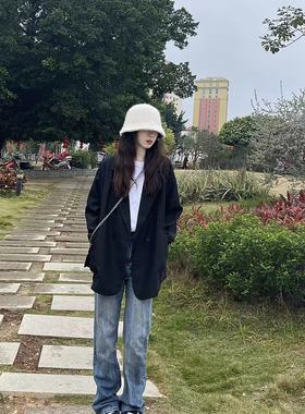 港风黑色西装外套气质高级感休闲炸街宽松小个子廓形chic小西服