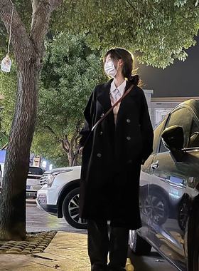 黑色毛呢大衣韩系显瘦小个子气质中长款高级感小众加厚西装外套女