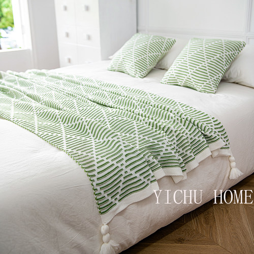 奶油风针织流苏床尾巾