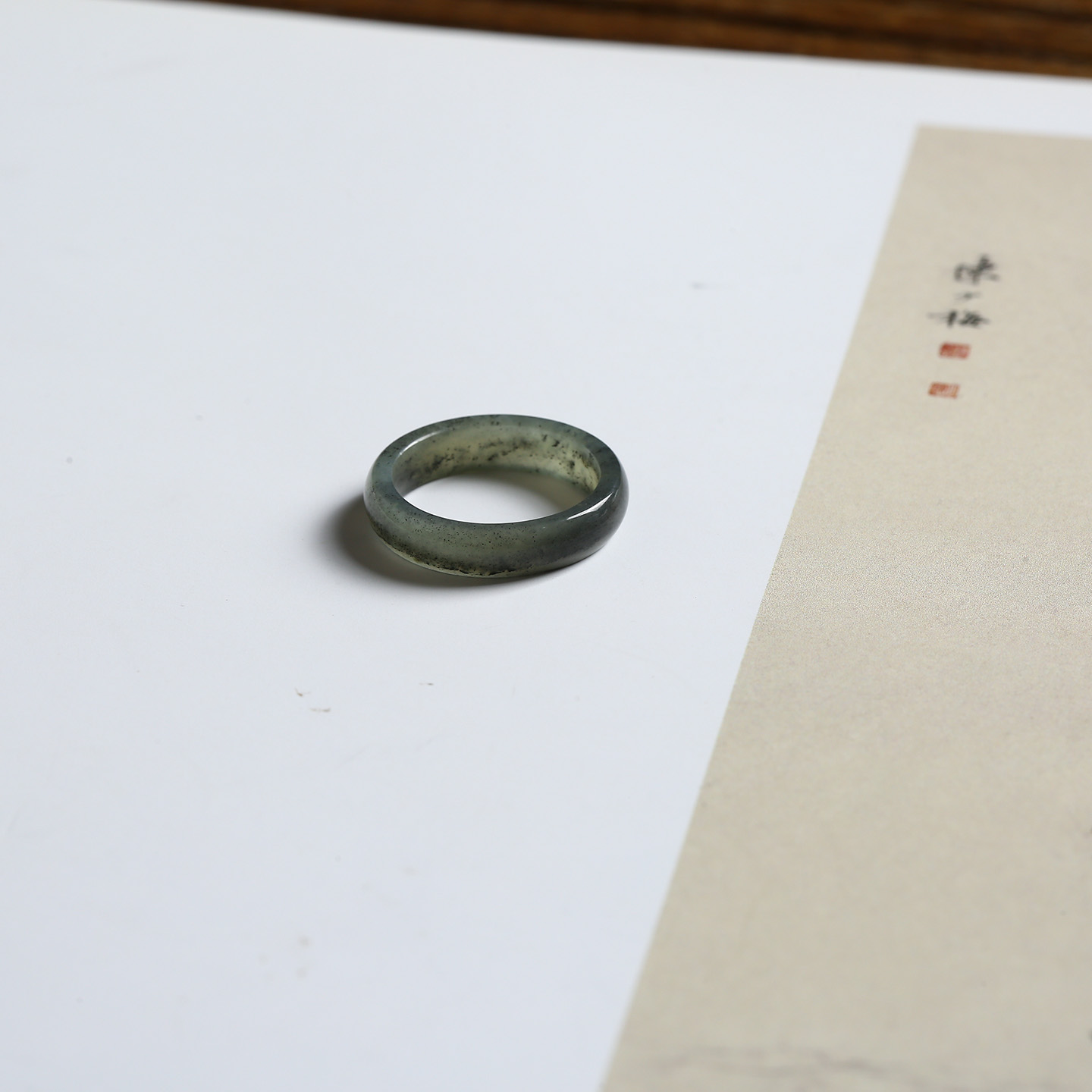 12号戒指 新疆和田玉青花泥鳅背圆弧素圈指环 616