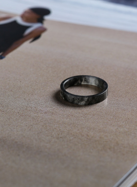 10号戒指 新疆和田玉青花籽料 籽玉墨玉薄款窄条直切款指环 9105