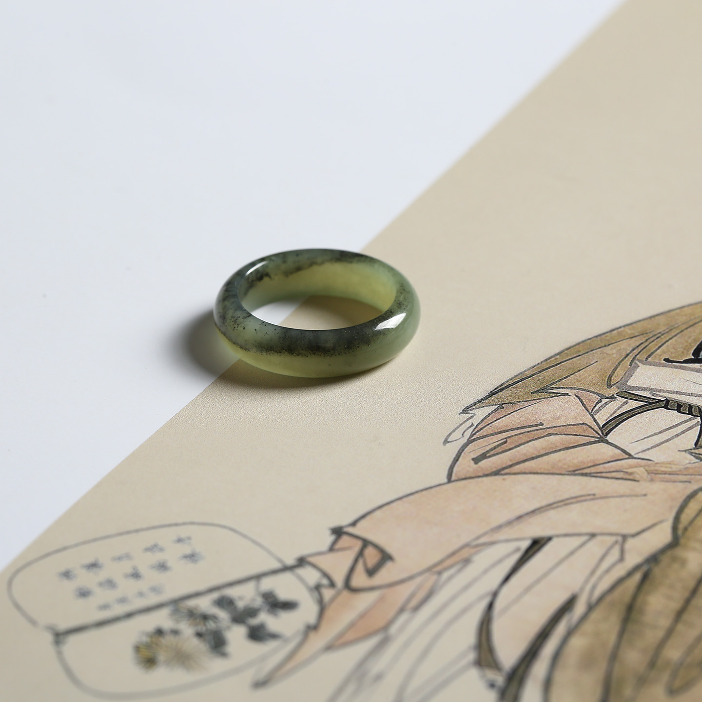 16号戒指 新疆和田玉青花泥鳅背圆弧素圈指环 418