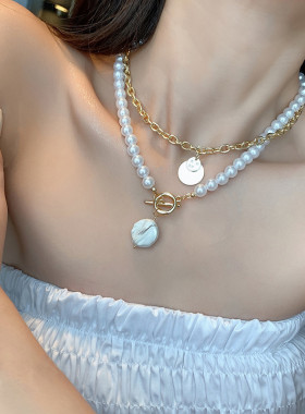 两件套异形珍珠金属吊坠项链女