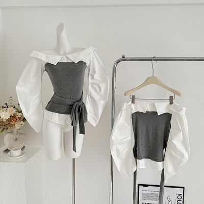 SOLOTARIO原创拼接一字肩长袖衬衫女秋季新款绑带设计感收腰上衣