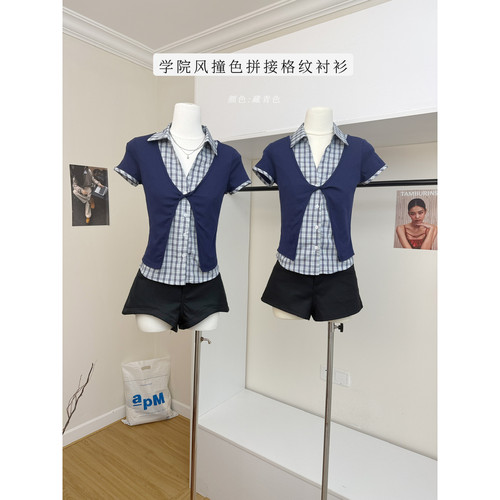 3月23日新品Soote Season 原创莱赛尔学院风撞色拼接格纹衬衫