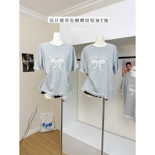 Ashy Snow俏皮珍妮 灰色蝴蝶结刺绣蕾丝T恤短袖女春夏甜妹