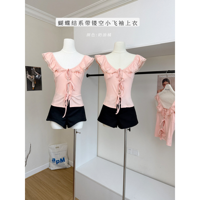 sheepland曼妙身姿莫代尔羊毛蝴蝶结系带镂空T恤女显瘦小飞袖上衣
