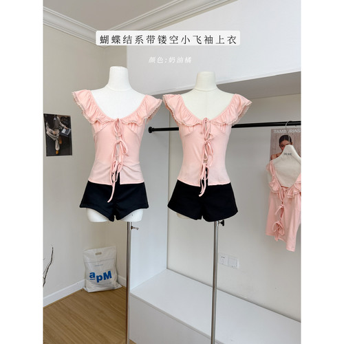 sheepland曼妙身姿莫代尔羊毛蝴蝶结系带镂空T恤女显瘦小飞袖上衣