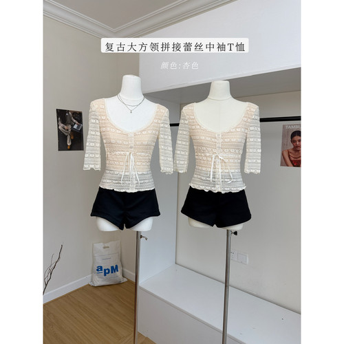 wooha 吾哈2026新款复古大方领拼接蕾丝中袖T恤女