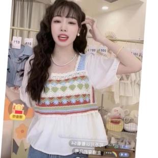 网红爆款钩花镂空拼接假两件女夏季方领气质衬衣减龄洋气短款上衣