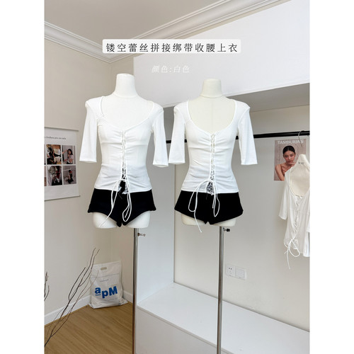sheepland韩女密码天丝性感镂空蕾丝拼接短袖T恤女夏绑带收腰上衣