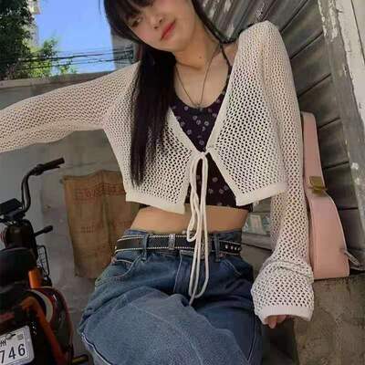 小仙倪子v领针织衫女薄款春季新款短款法式爆款外搭防晒开