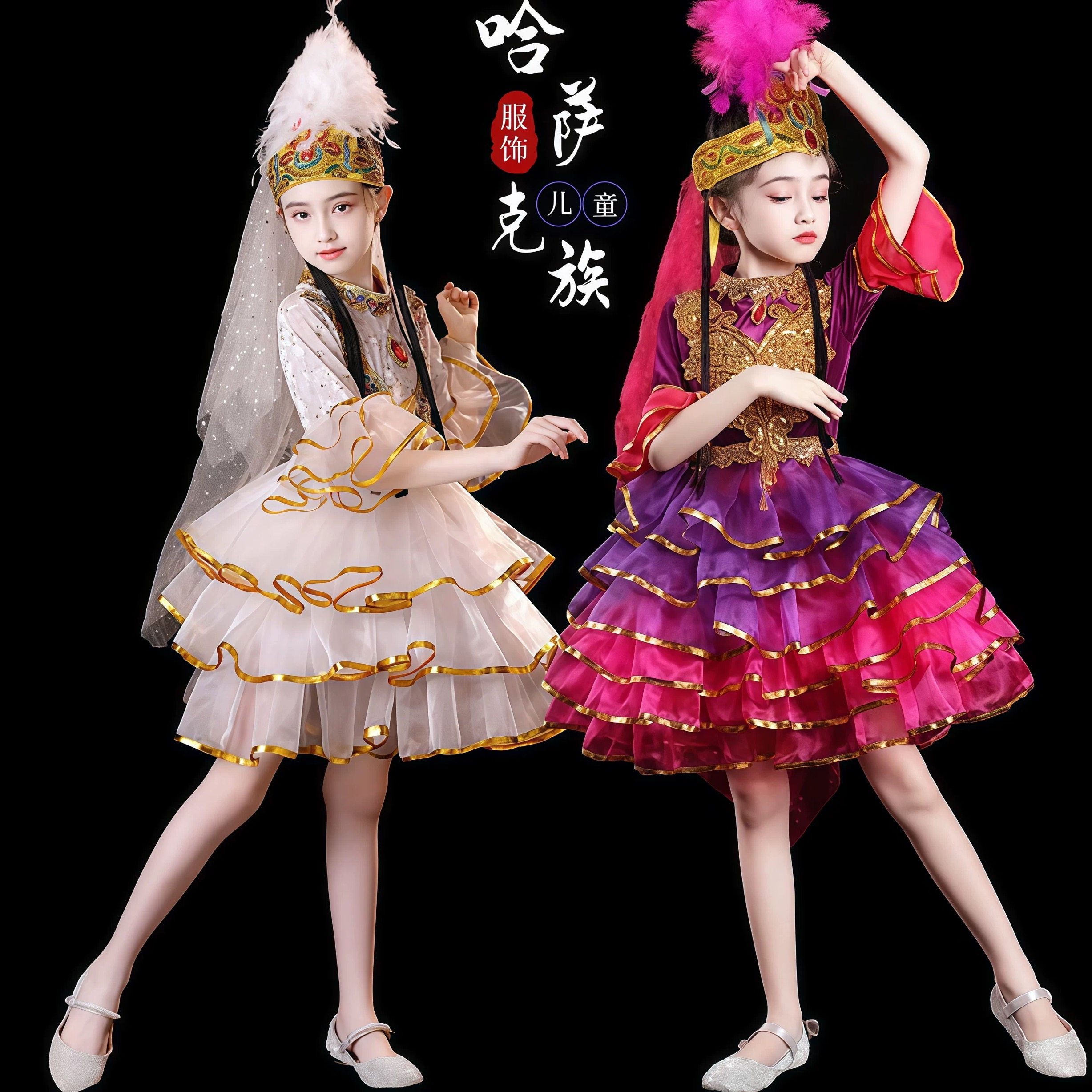 儿童舞蹈演出服女少数民族服装新疆舞蹈演出服哈萨克族柯尔克孜族 - 实物图