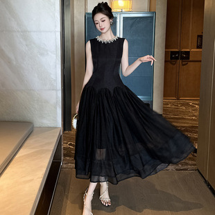 2026新款法式高腰黑色连衣裙无袖蓬蓬裙女装气质长款修身显瘦夏装