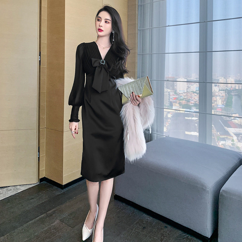 黑色礼服裙秋装新款赫本风蝴蝶结