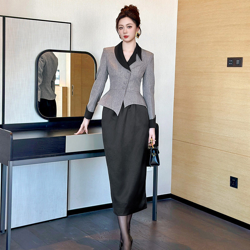 2025秋冬新款灰黑拼色荷叶边收腰小西服通勤气质女士职业西装外套